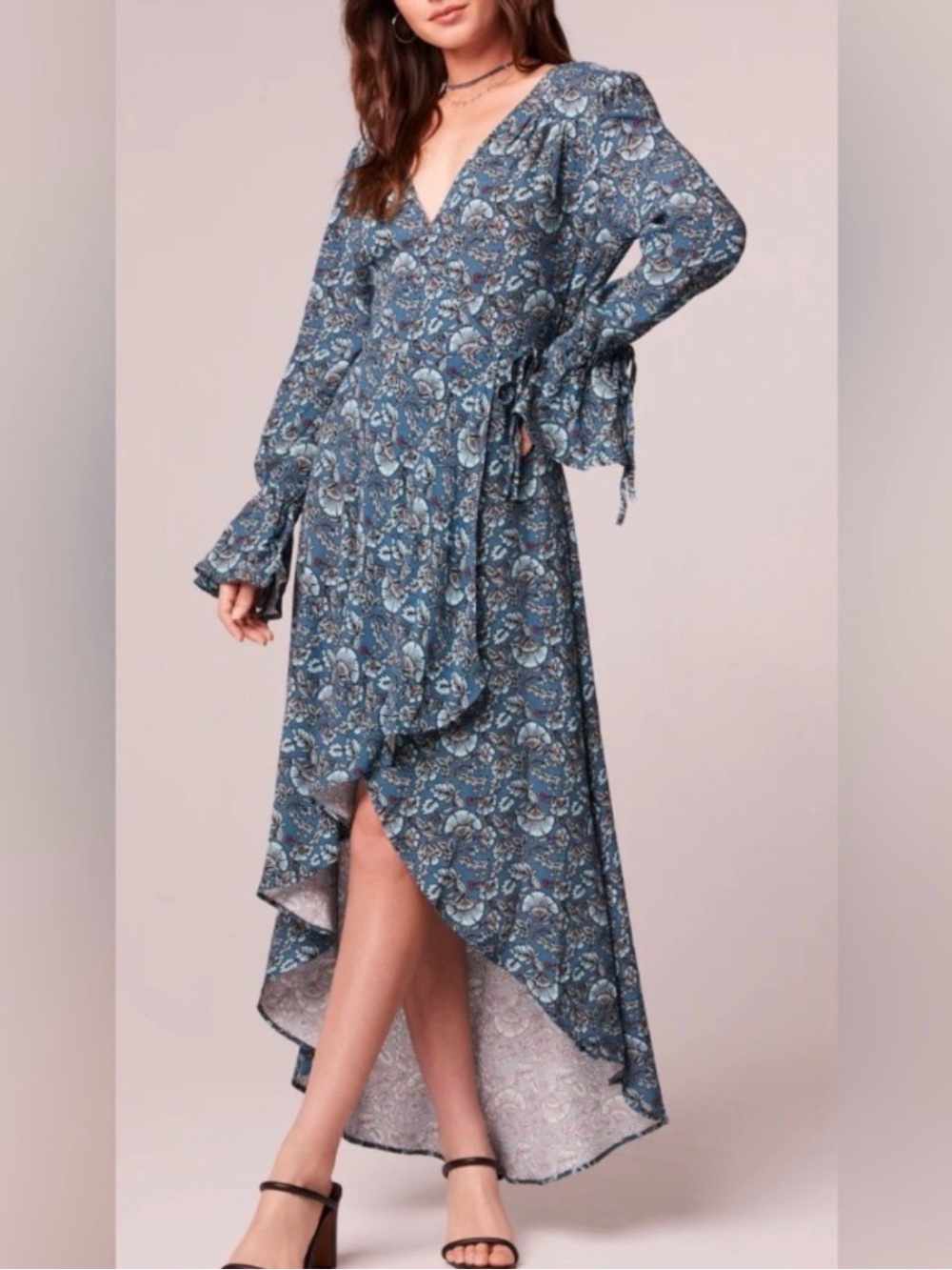 Band of the Free Blue Floral High-Low Wrap Dress with Tie Waist and Ruffle Cuffs